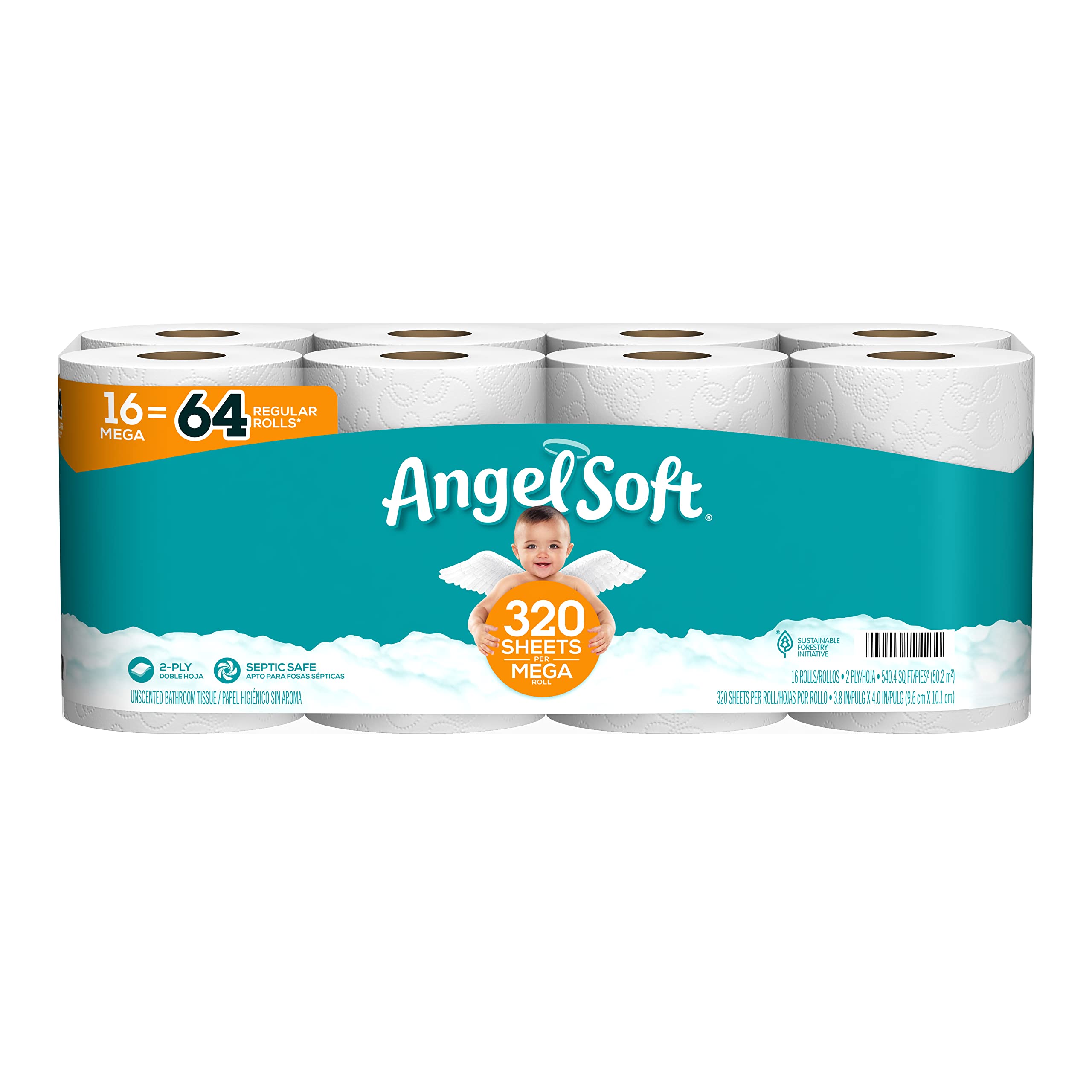 Angel Soft Toilet Paper, 16 Mega Rolls = 64 Regular Rolls, Soft and Strong Toilet Tissue